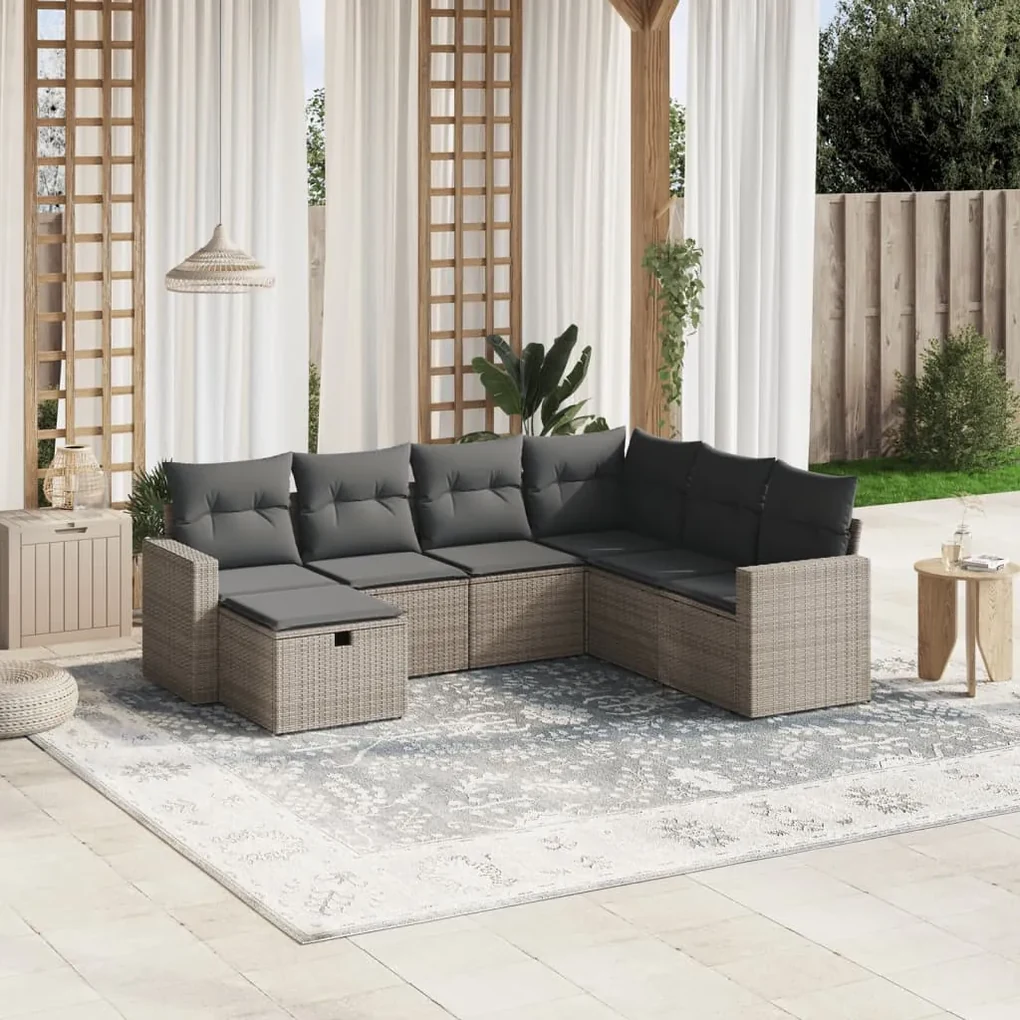 Set divani da giardino 7 pz con cuscini grigio in polyrattan
