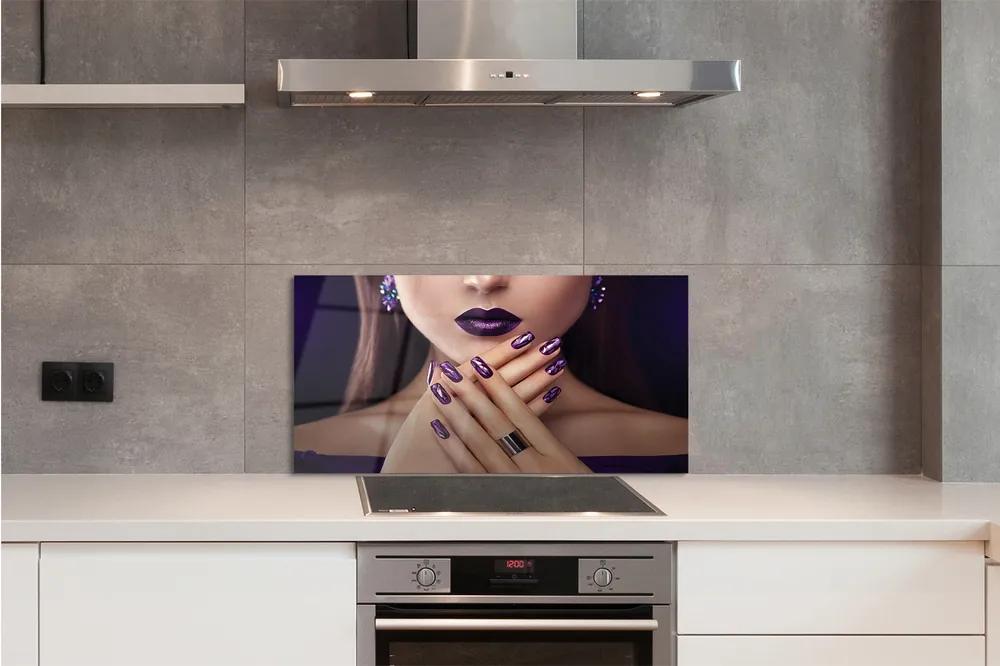 Pannello paraschizzi cucina Mani di donna con labbra viola 100x50 cm