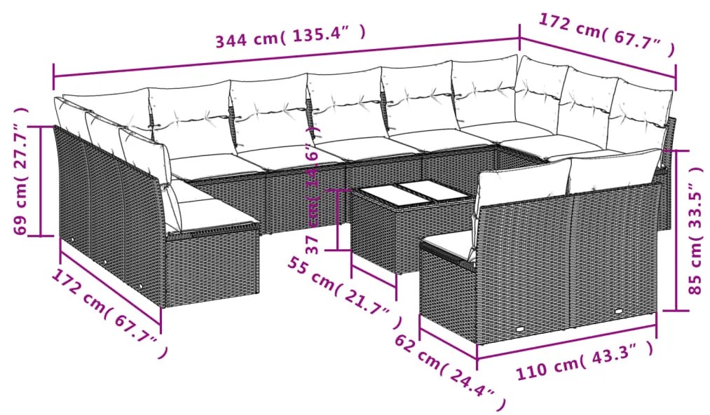 Set divani da giardino 13pz con cuscini nero in polyrattan