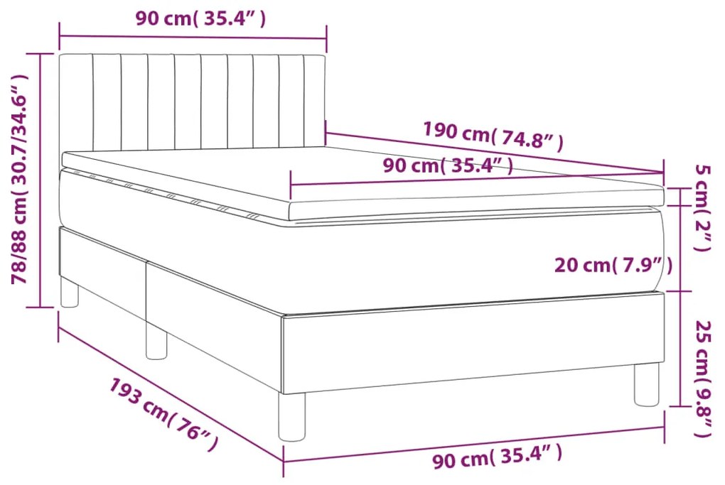 Letto a Molle Materasso e LED Marrone Scuro 90x190cm in Tessuto