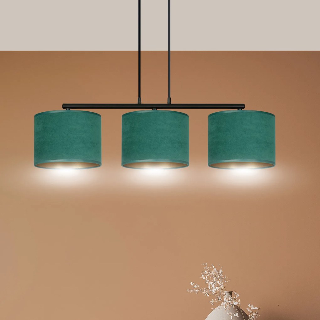 Lampadario 3 Luci Ganesha In Acciaio Nero E Paralumi In Tessuto Verde