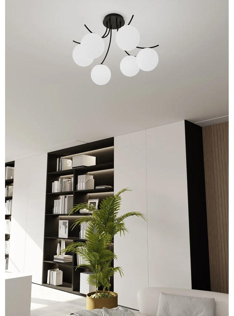 Plafoniera Moderna 6 Luci Coeo In Acciaio Nero E Diffusori In Vetro Opale
