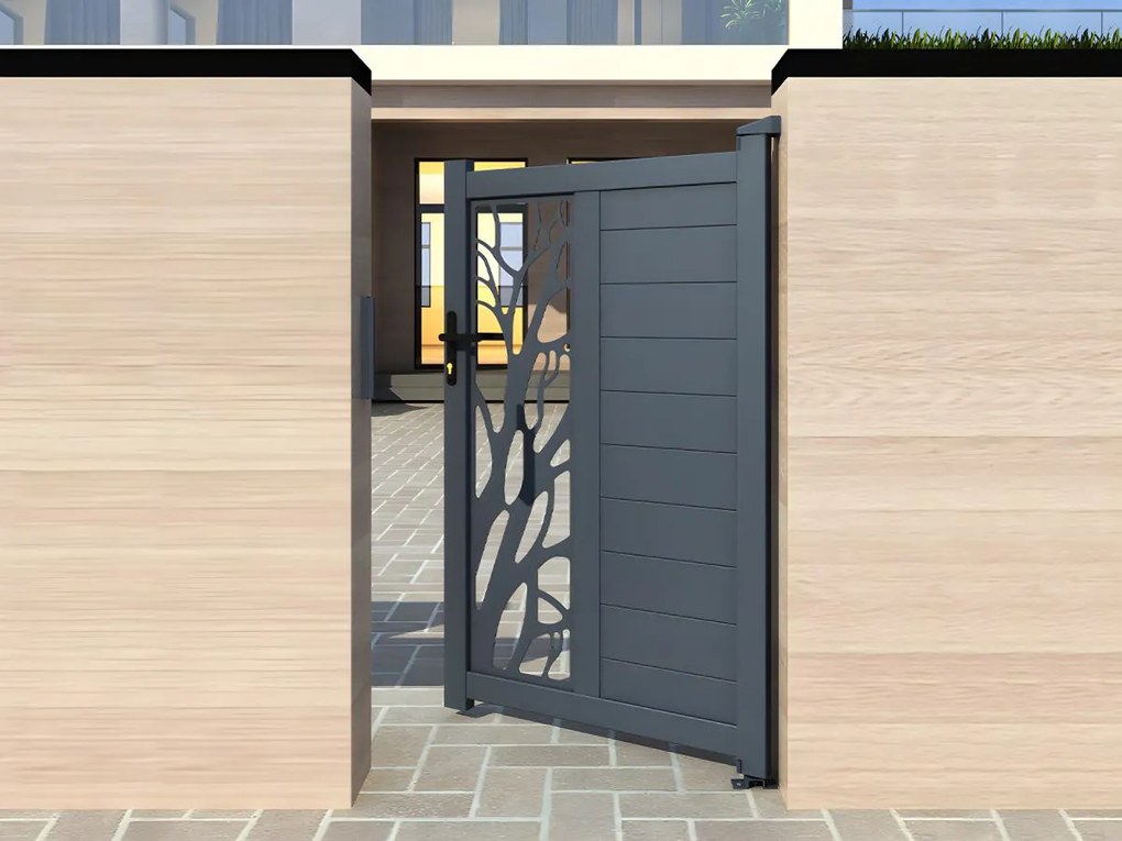 Cancello a battente L100 x H164 cm Alluminio semi traforato con motivi Antracite - LABRIT II