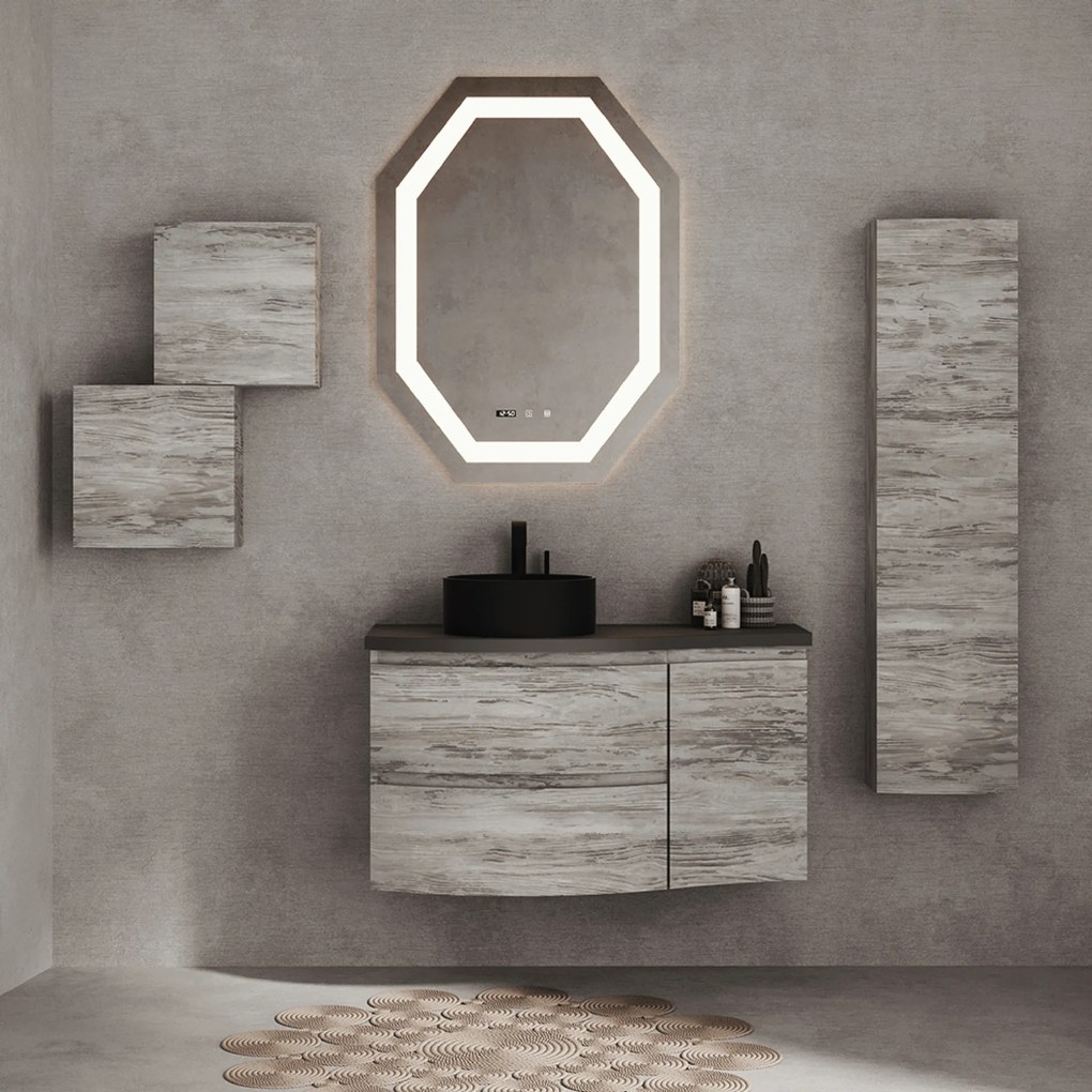 Mobile Bagno Sospeso Curvo 105 Cm Due Cassetti Un'Anta Specchio Con Illuminazione Led 75x100 Cm Savini Due "Dolce Vita" Grigio Scuro/Grigio Antico