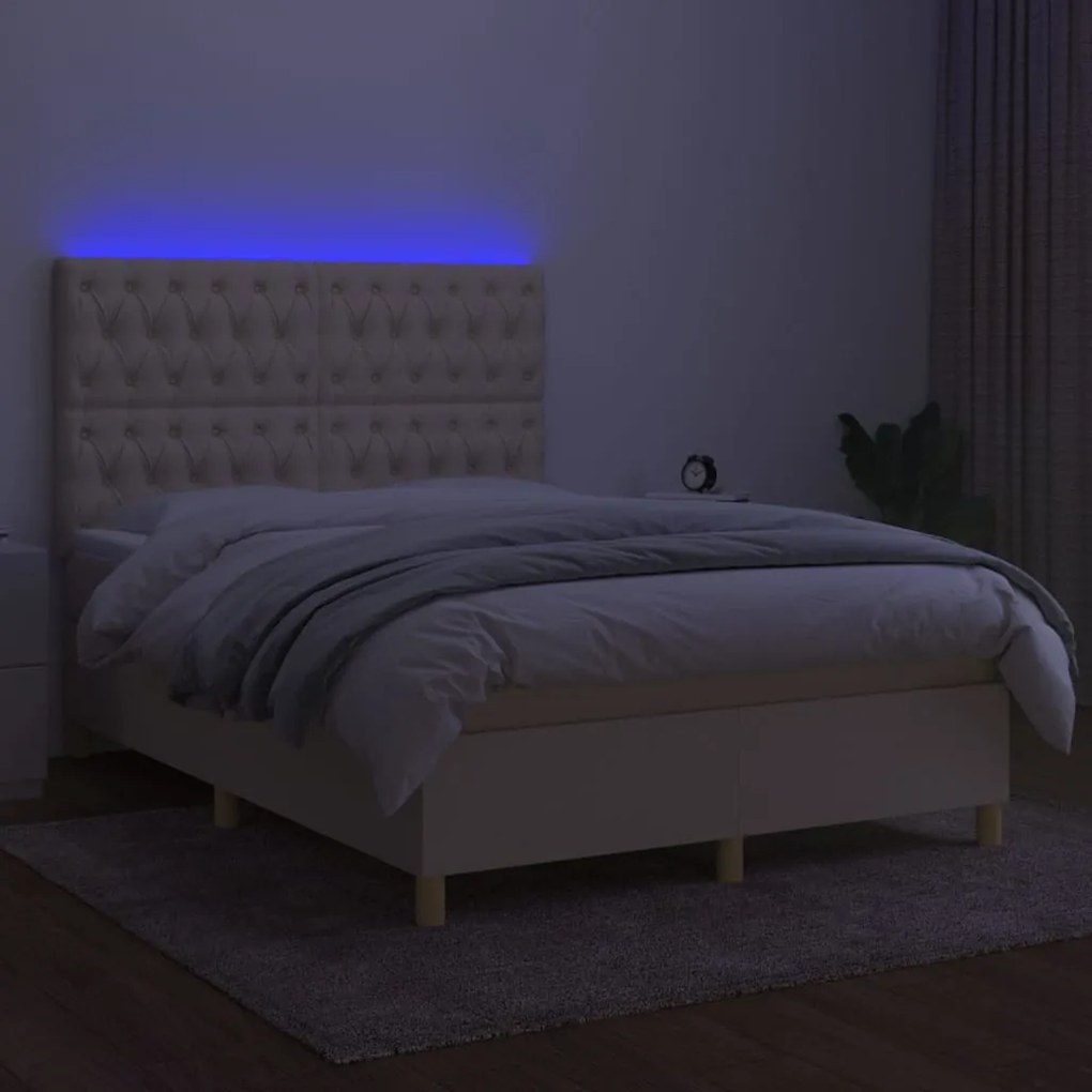 Letto a molle con materasso e led crema 140x200 cm in tessuto