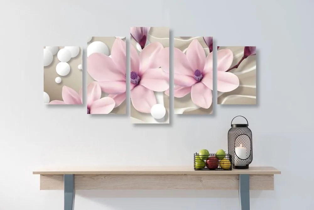 Quadri 5 pezzi – Magnolia su sfondo astratto