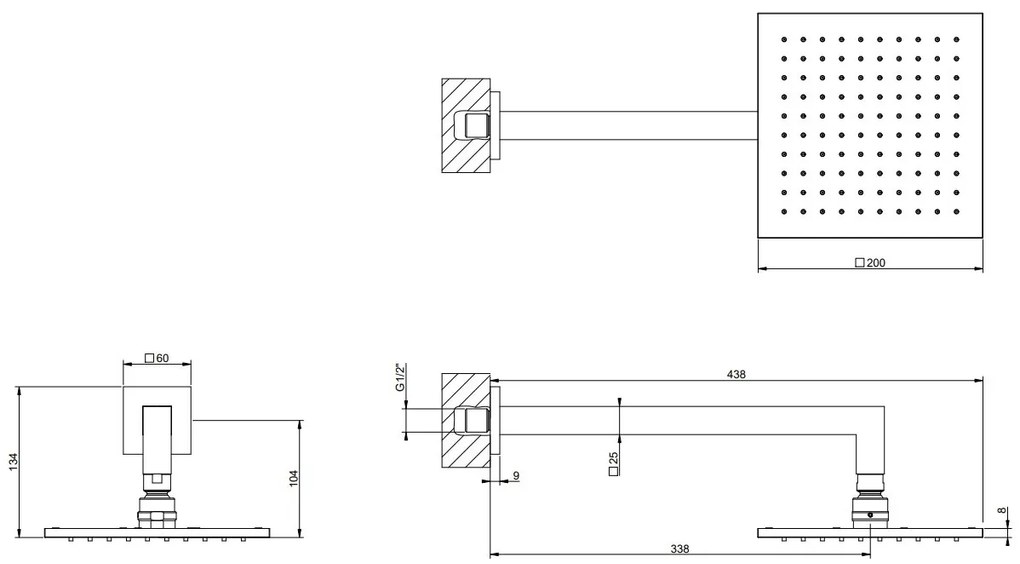 Soffione doccia 20x20 quadro Anticalcare Orientabile con braccio a parete Cromo Shower 47376 Emporio Gessi