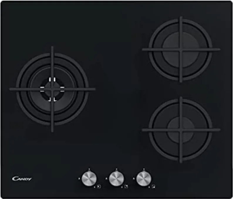 Candy New Timeless CSG63B4PB, Piano cottura in vetro a gas, 3 anelli, 60 cm, gas naturale adattabile a gas butano, 7,7 KW, 3 griglie lavabili in