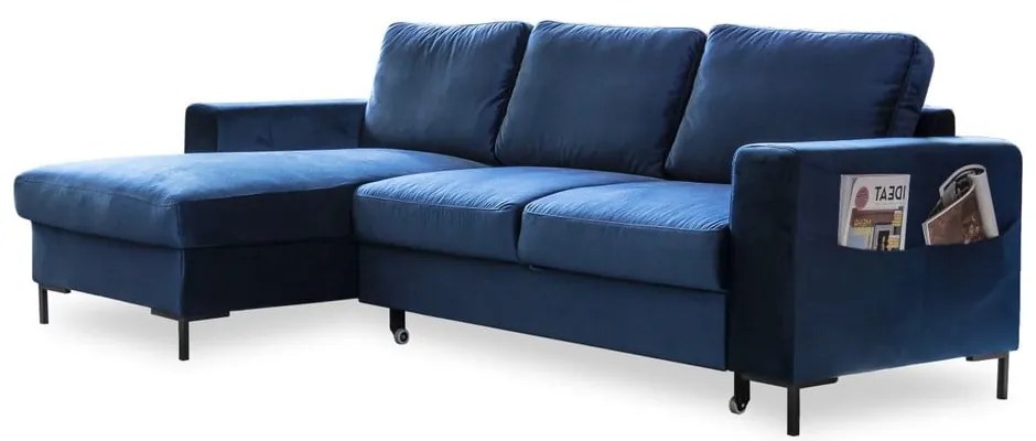 Divano letto angolare in velluto blu navy, angolo sinistro Lofty Lilly - Miuform