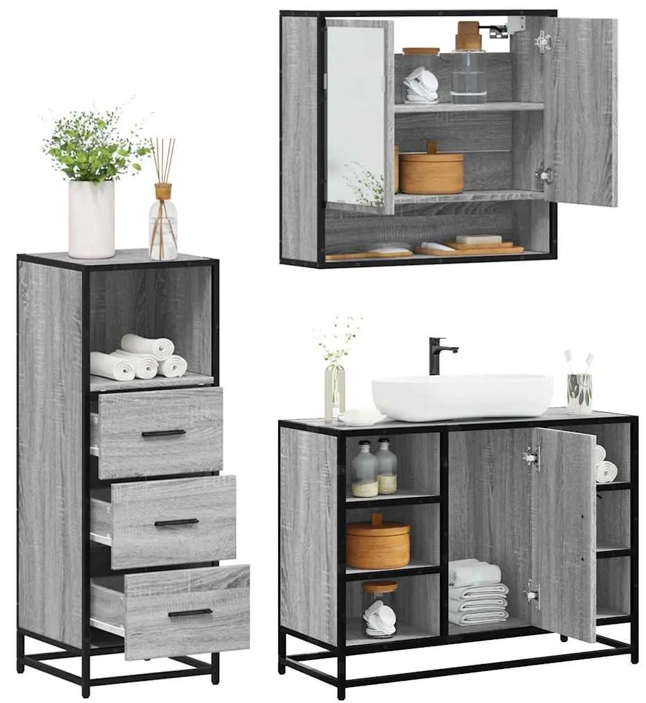 Set Mobili Da Bagno 3 Pz Grigio Sonoma İn Legno Multistrato /