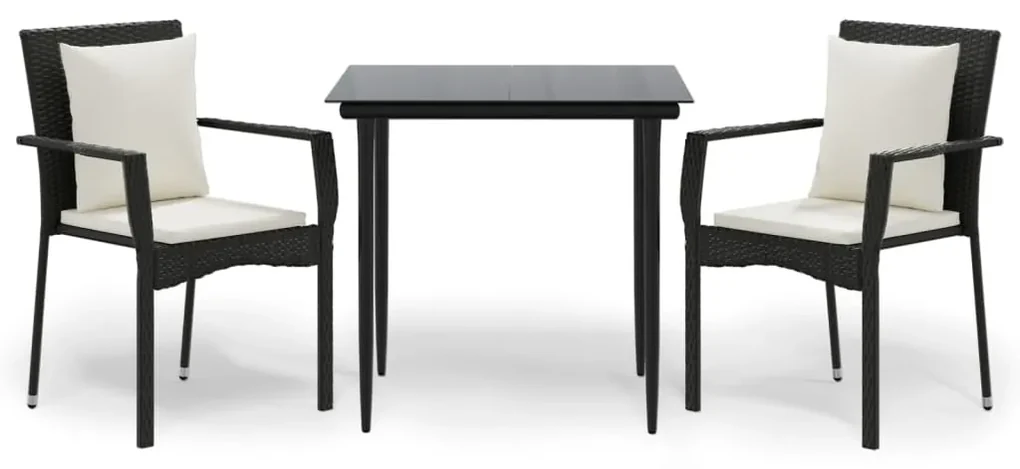 Set da pranzo da giardino 3 pz con cuscini nero in polyrattan
