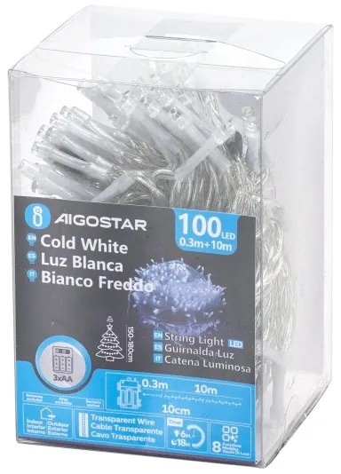 Aigostar - Catena luminosa LED da esterno 100 LED/8 modalità 10,3 m IP44 bianco freddo