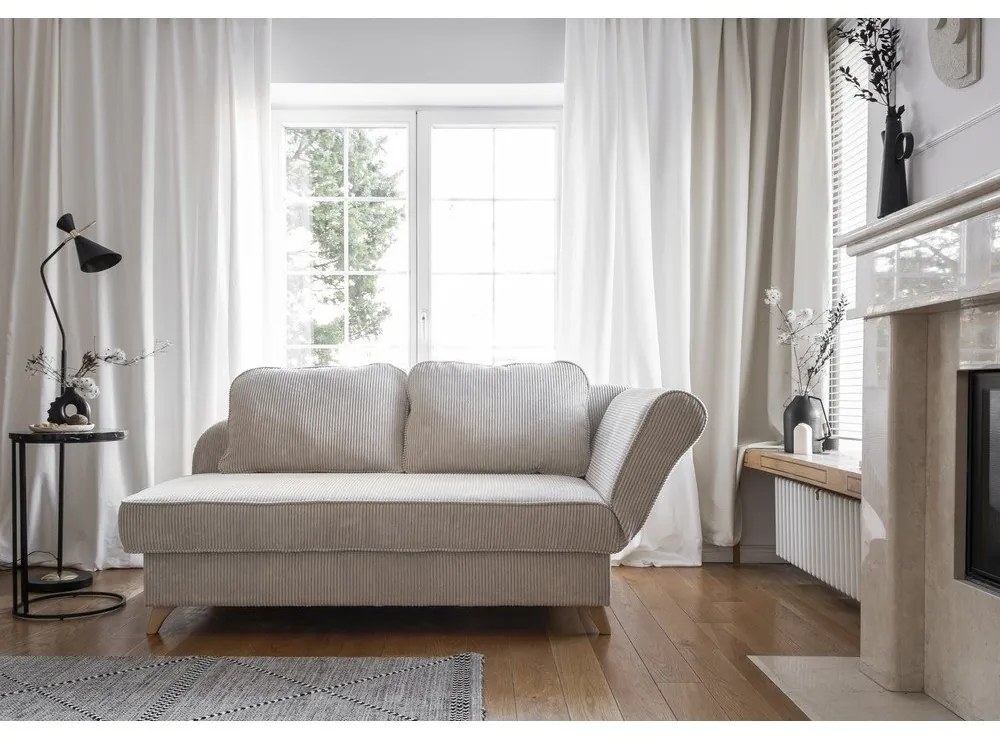 Chaise longue beige (con penisola a destra) con rivestimento in velluto a coste Chic Charlotte – Miuform