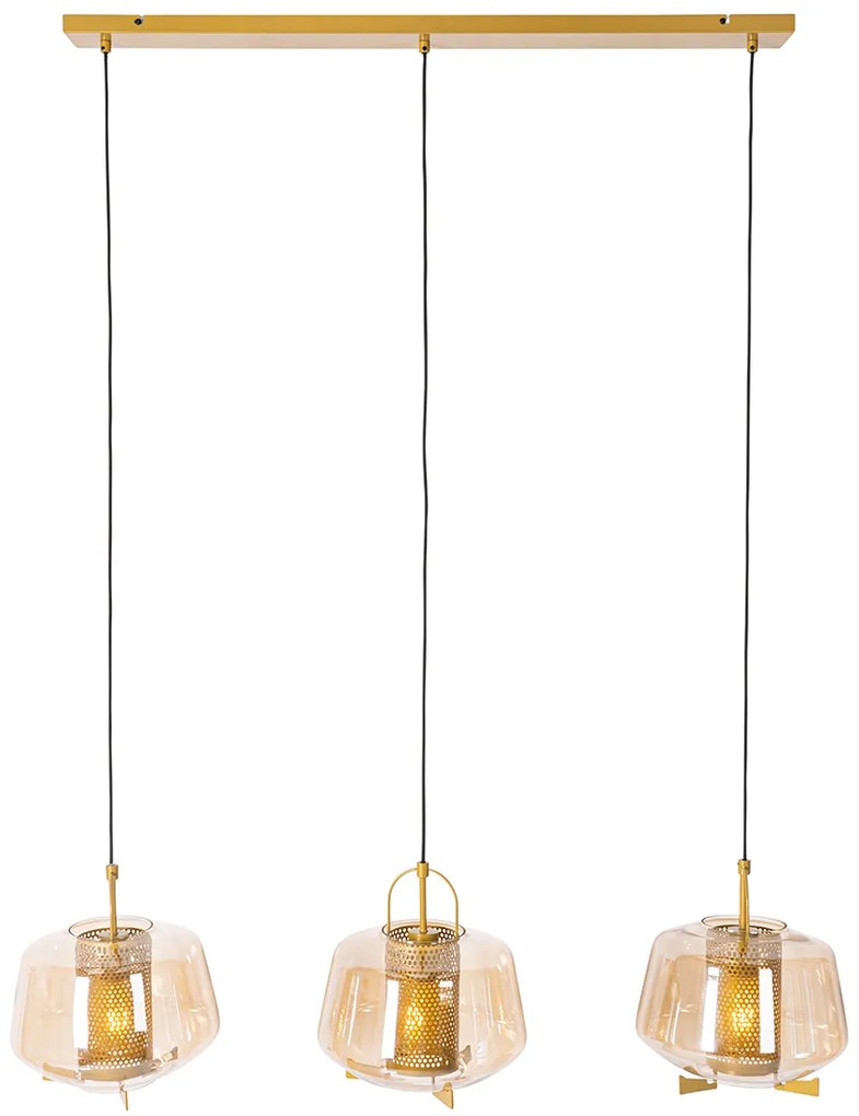 Lampada a sospensione oro con vetro ambrato 30 cm oblunga 3 luci - Kevin