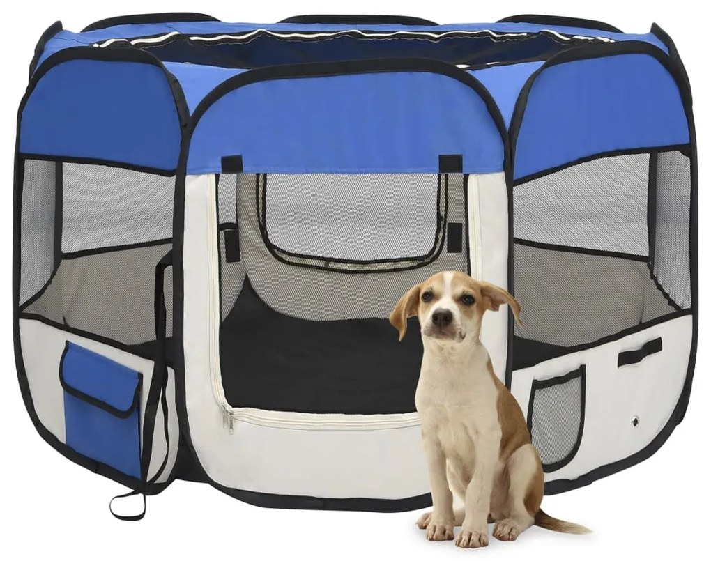 Box Per Cani Pieghevole Con Borsa Trasporto Blu 90x90x58 Cm /