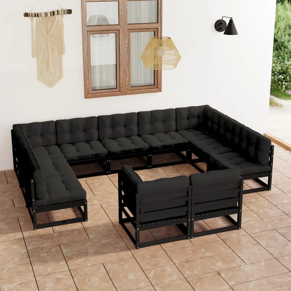 Set divani da giardino 11 pz con cuscini massello di pino nero