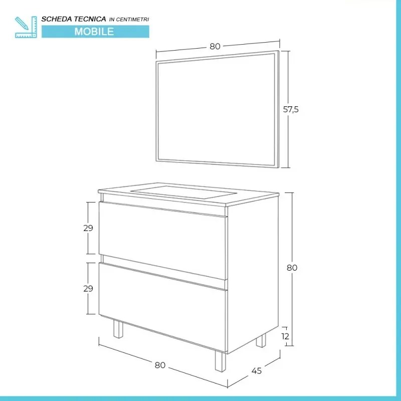 Mobiletto bagno a terra 80 cm 2 cassetti serie Oasi rovere con specchio e lavabo