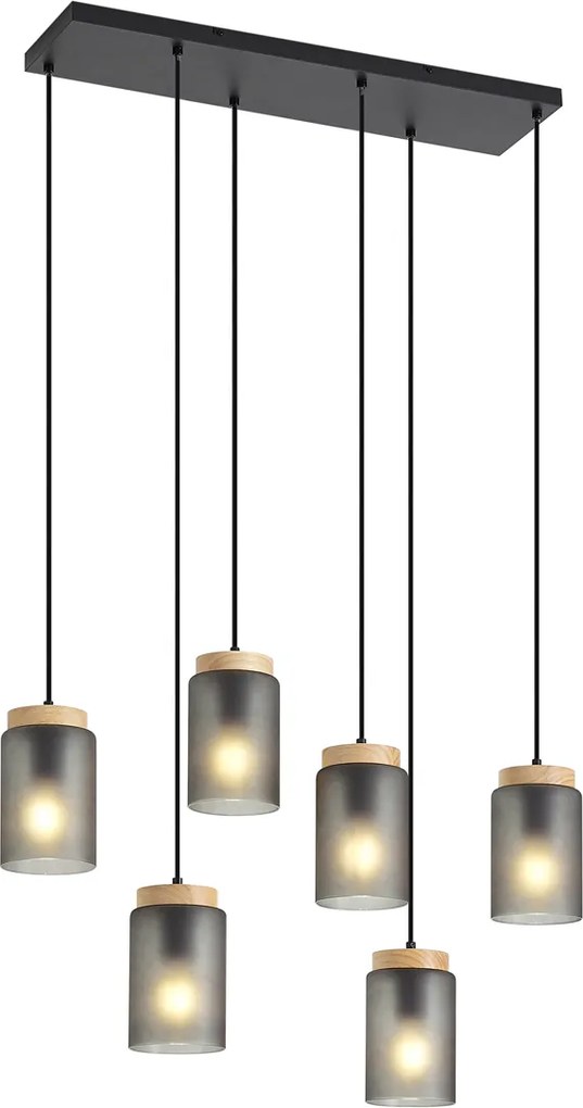 Lampada a sospensione moderna nera con legno e vetro grigio opaco a 6 luci - Umbra