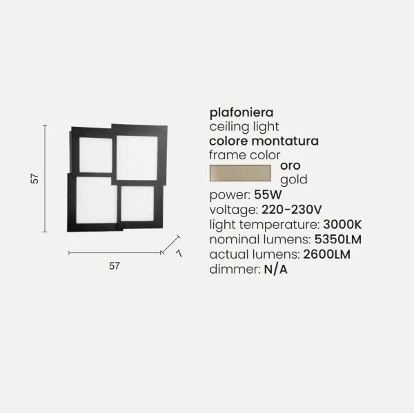 Plafoniera Led in metallo Oro e diffusore in acrilico PASSPARTOU 57x57 cm