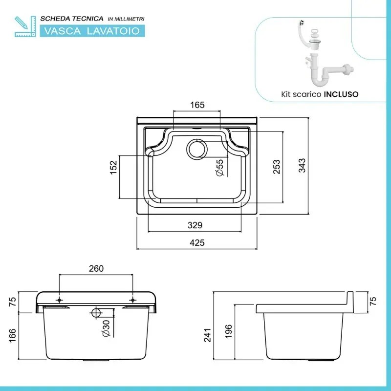 Mobile lavatoio salvaspazio 42x34 cm vasca completa di kit di scarico