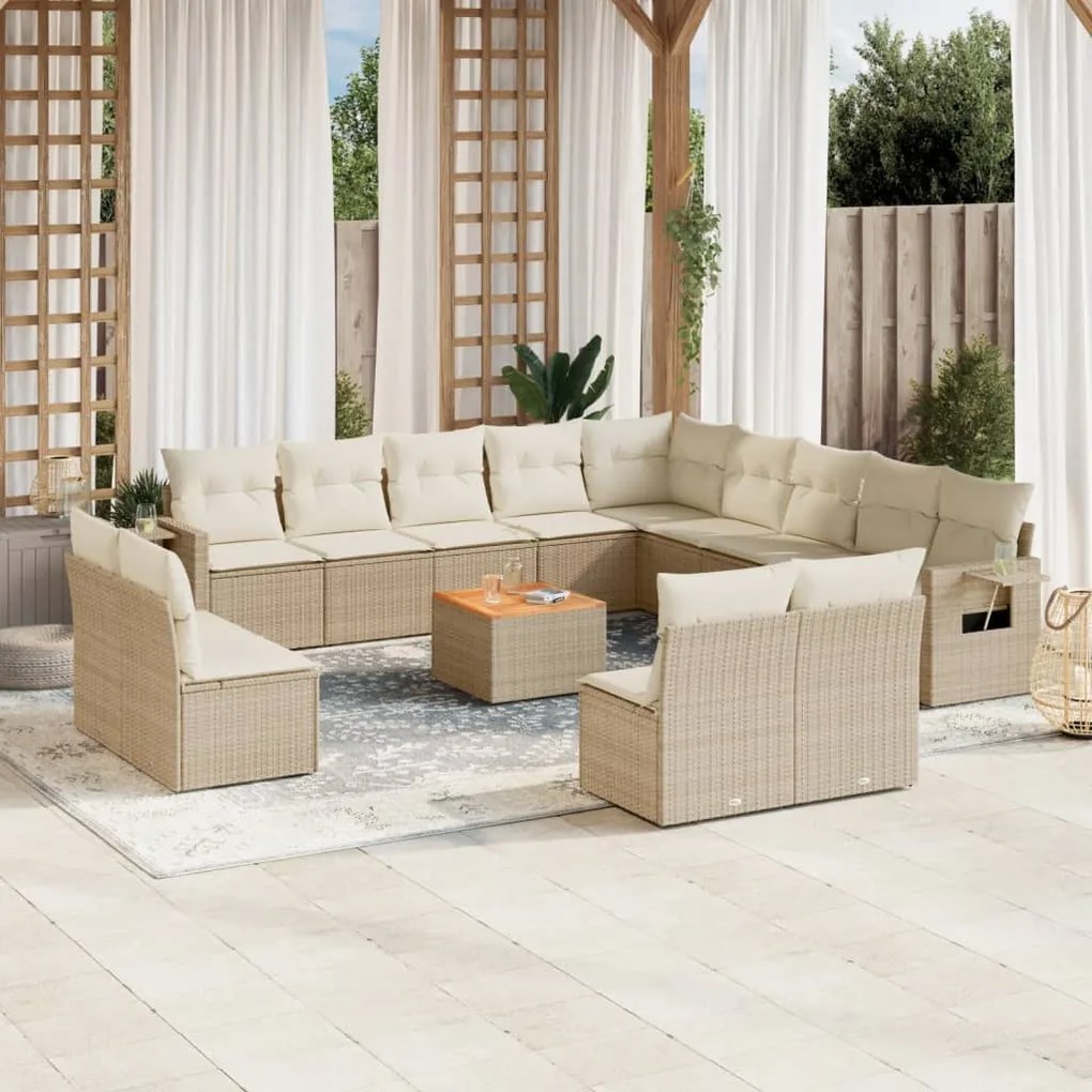 Set divani da giardino 14pz con cuscini in polyrattan beige