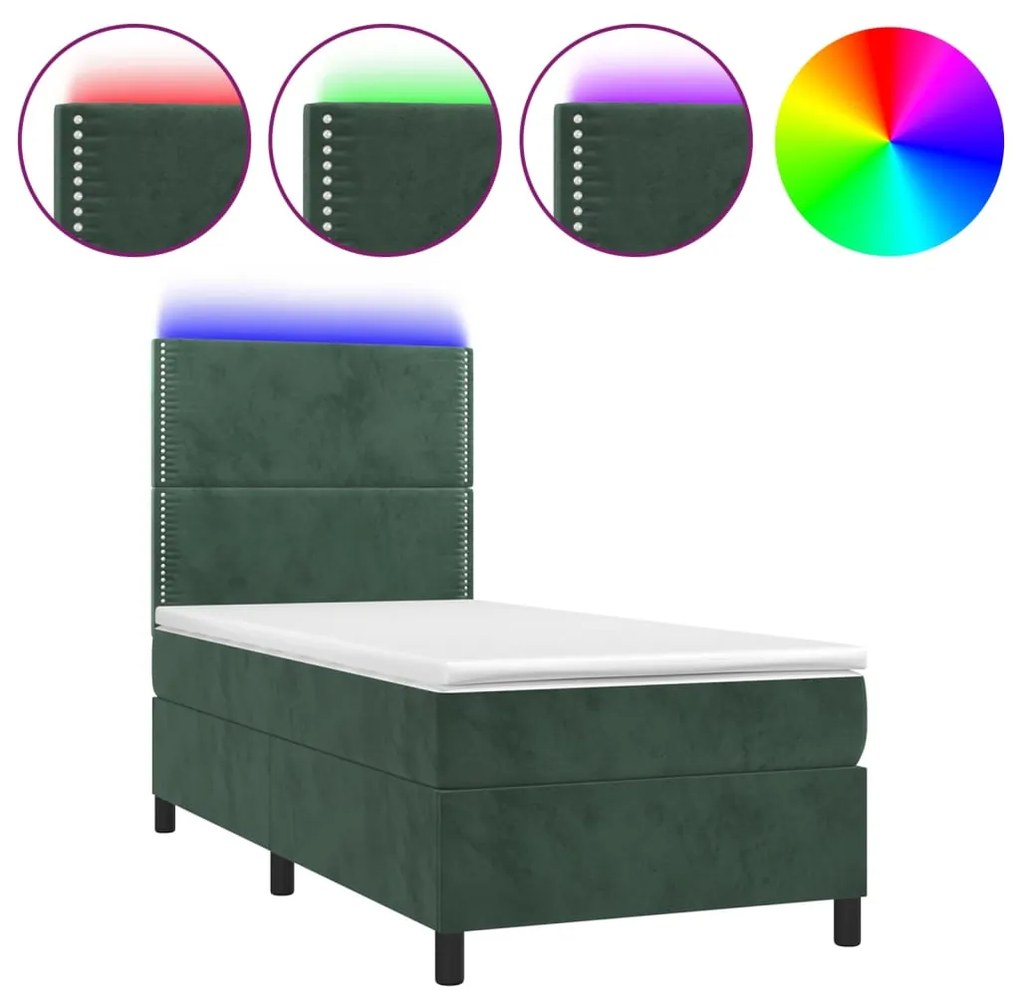 Letto a molle con materasso e led verde scuro 80x200cm velluto