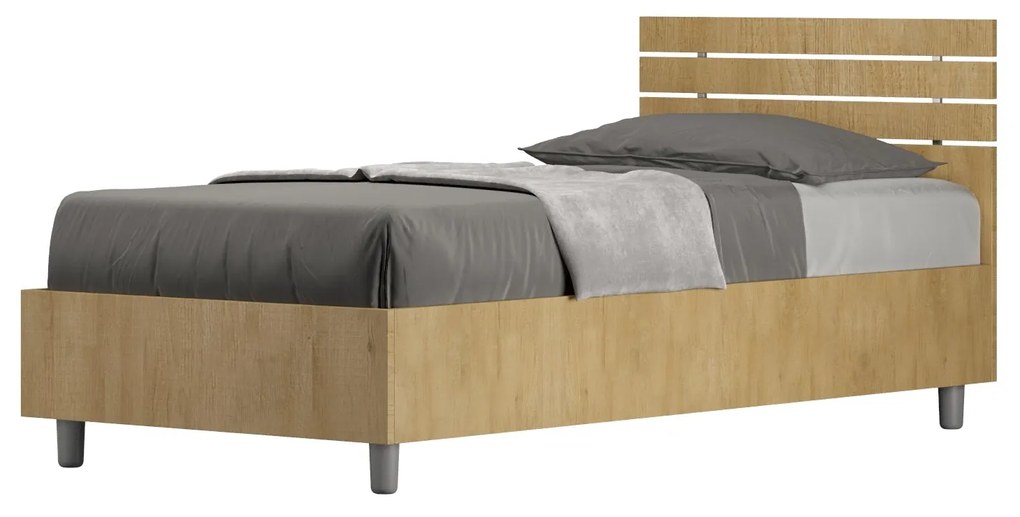 Letto singolo senza rete, con rete e contenitore testata dritta con doghe Ankel, Quercia / Senza Rete