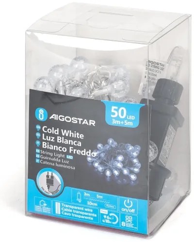 Aigostar - Catena luminosa LED per esterni 50 LED, 8 funzioni, 8 m, IP44, bianco freddo