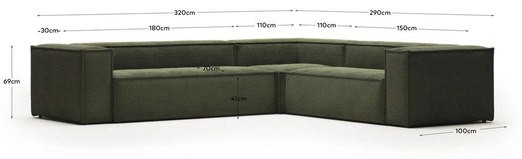 Kave Home - Divano ad angolo Blok 5 posti a coste spesso verde 320 x 290 cm / 290 x 320 cm FR