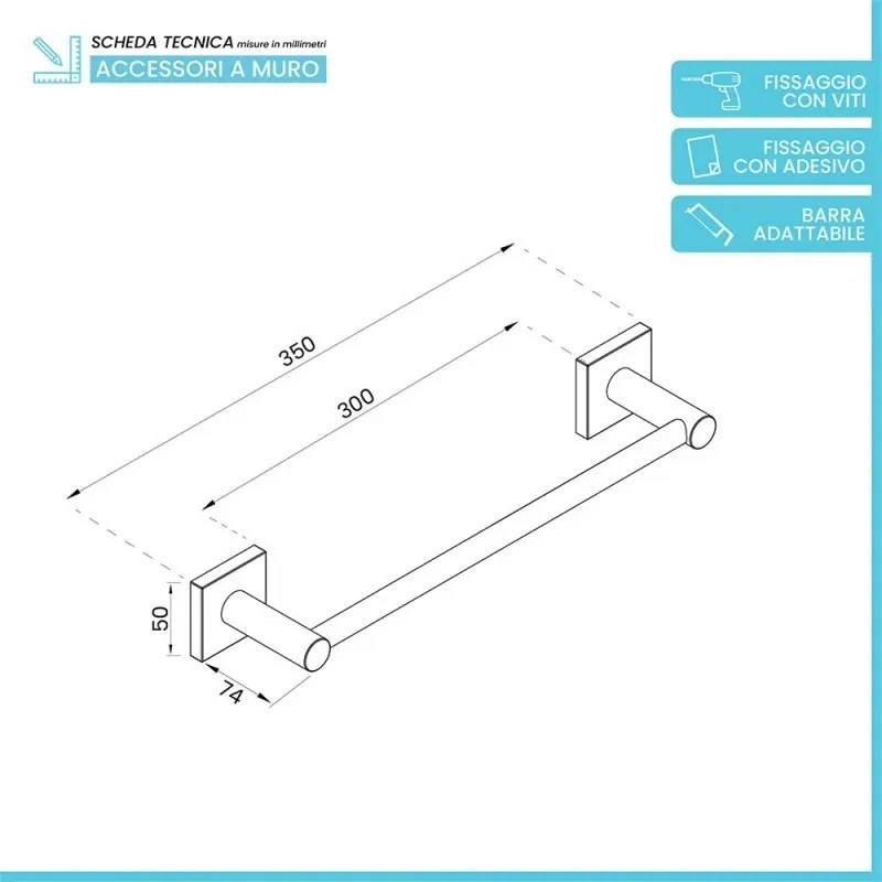 Set accessori bagno 3 pezzi con porta asciugamani 30 cm acciaio inox bianco Sidera