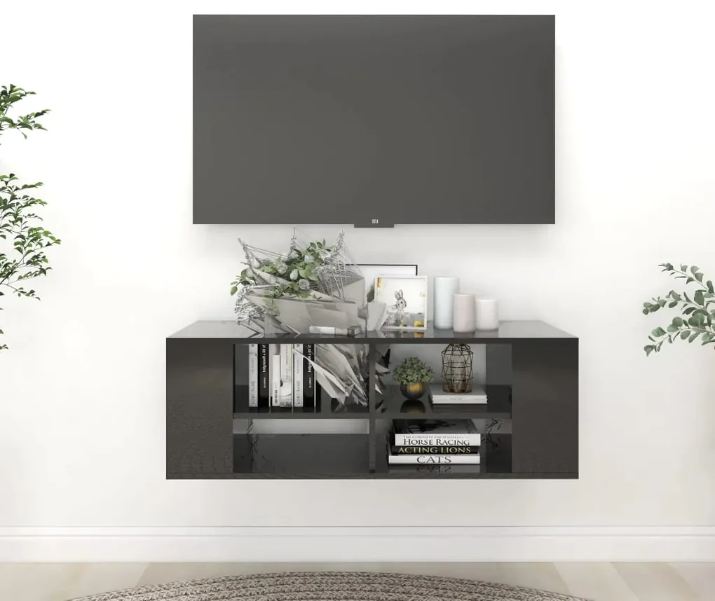 Armadietto tv da parete nero lucido 102x35x35 cm in truciolato