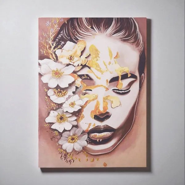 Quadro 60x90 cm moderno su tela verticale tema donna e fiori