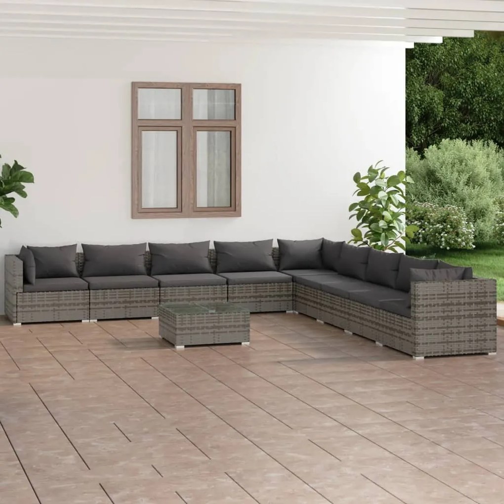 Set Divani da Giardino 10 pz con Cuscini in Polyrattan Grigio