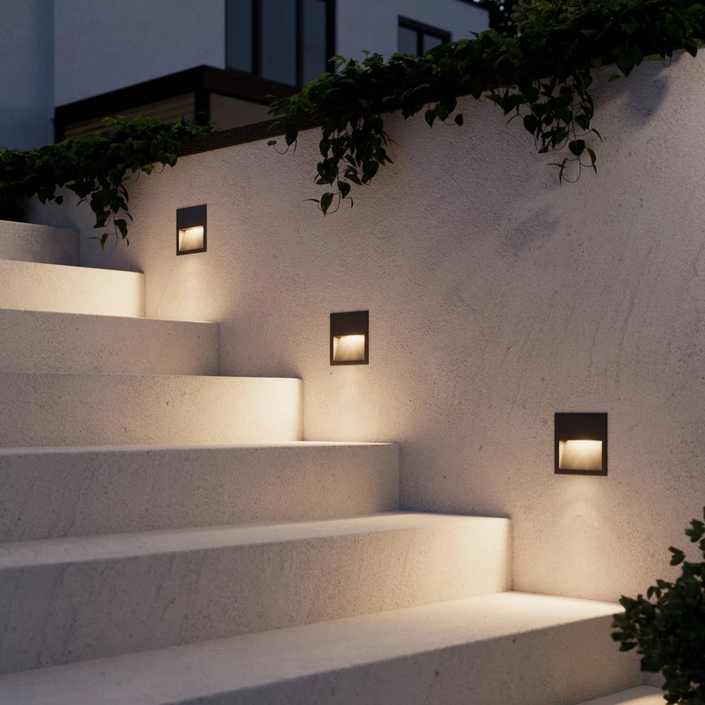 Lucande applique a LED da incasso Loya, 11,5x11,5 cm, grigio, IP54 Loya, Nero, Alluminio, Moderno, Applique da esterni