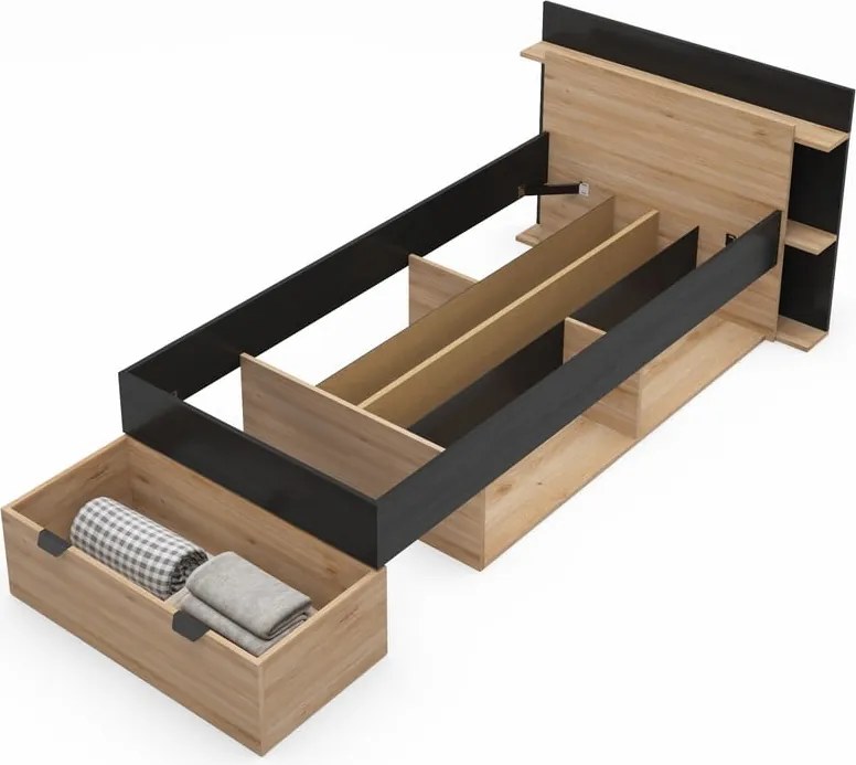 Letto singolo effetto rovere con contenitore senza griglia in colore nero-naturale 90x200 cm Albo - Marckeric
