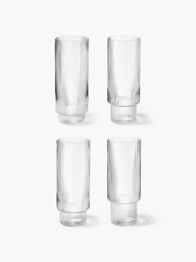 Set di 4 bicchieri da long drink in vetro soffiato con scanalatura in rilievo Ripple, 300 ml