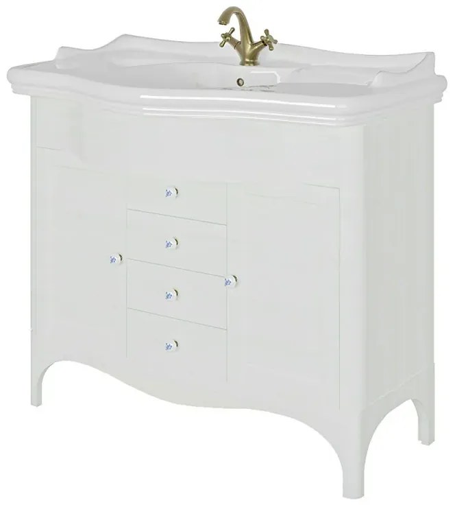 Mobile bagno a terra 115 cm bianco decape con lavabo specchio e lampade Romantica