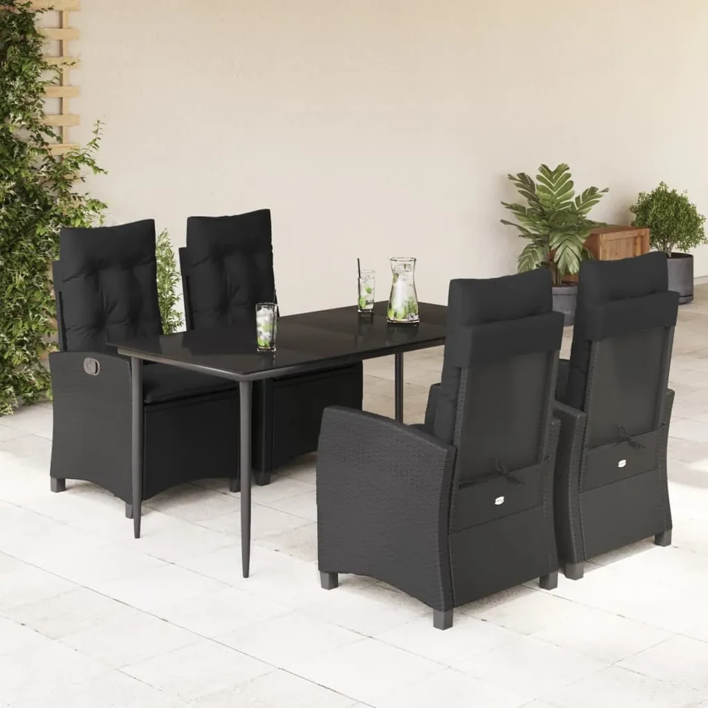 Set da pranzo da giardino 5 pz nero con cuscini in polyrattan
