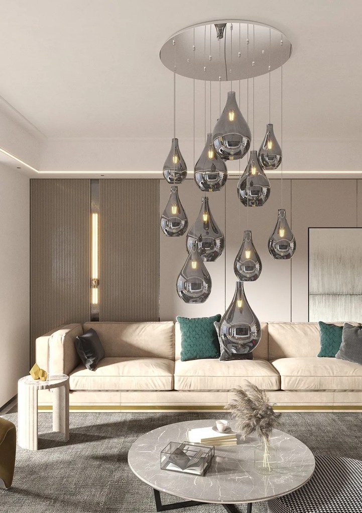 Lampadario Contemporaneo Drop 2.0 Metallo Cromo Vetro Fumè 12 Luci E27