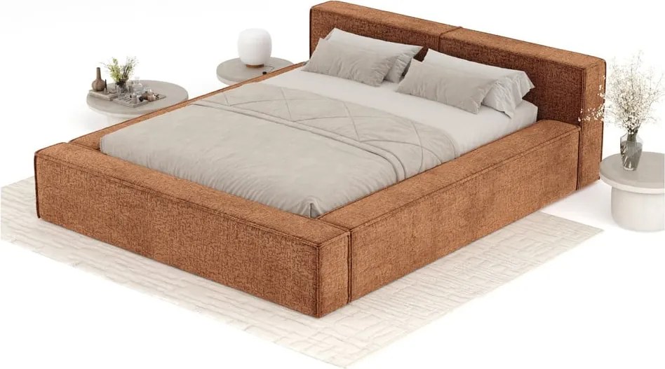 Letto matrimoniale imbottito arancione con contenitore e rete inclusi 140x200 cm Voliera – Maison de Rêve