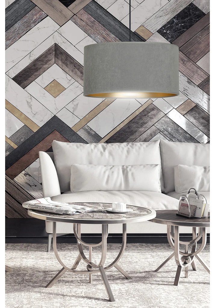 Sospensione 1 Luce Ganesha In Acciaio Nero E Paralume In Tessuto Grigio