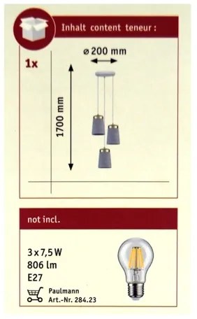 Paulmann 79627 - Lampadario a sospensione con filo NORELL 3xE27/20W/230V