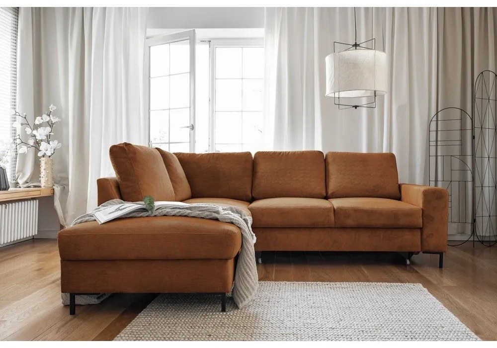 Divano letto angolare in velluto a coste arancione (angolo sinistro) Lofty Lilly - Miuform
