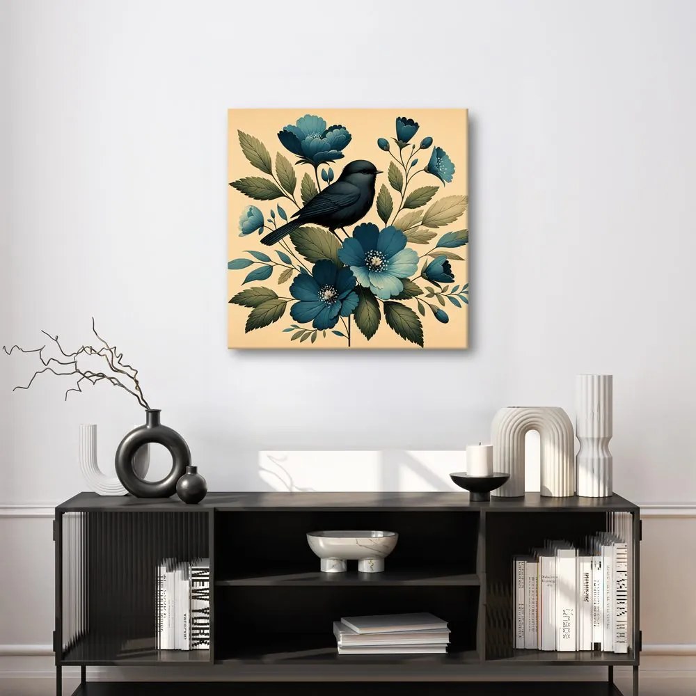 Quadro su tela – Uccellino su ramo con fiori blu