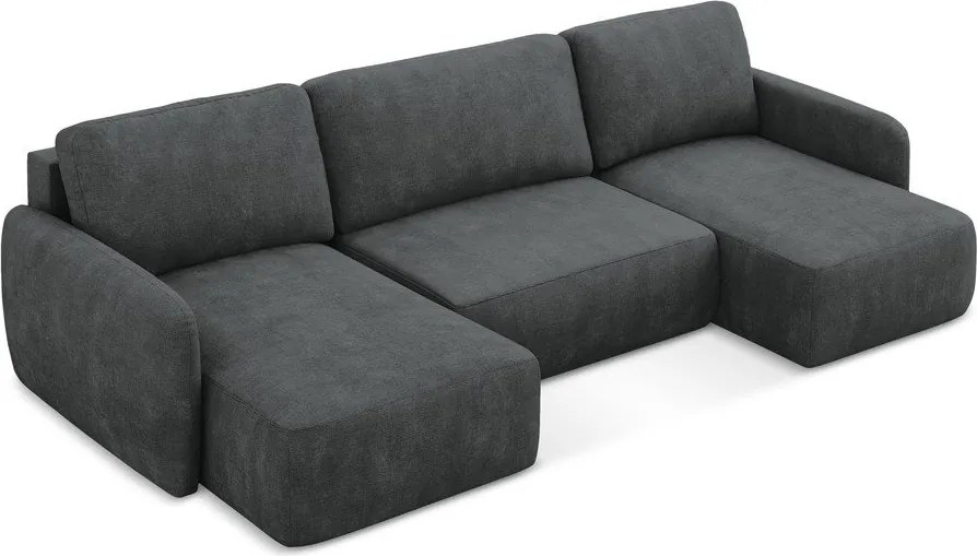 Divano angolare grigio scuro allungabile/con contenitore (a U) con rivestimento in ciniglia Lilo – Makamii