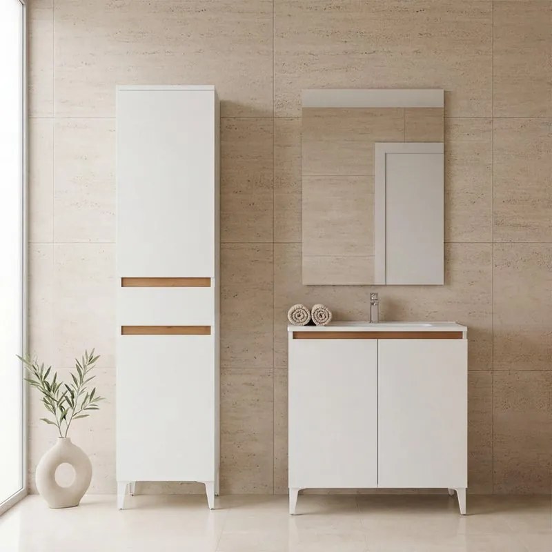 Mobile bagno con lavabo Revital L80 x H86 x P46 cm, due ante,  bianco frassinato