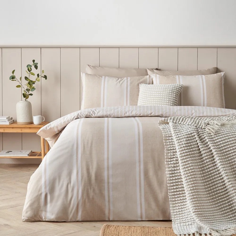 Set copripiumino e federa beige per letto matrimoniale 3 pezzi 200x200 cm Banded Stripe – Catherine Lansfield