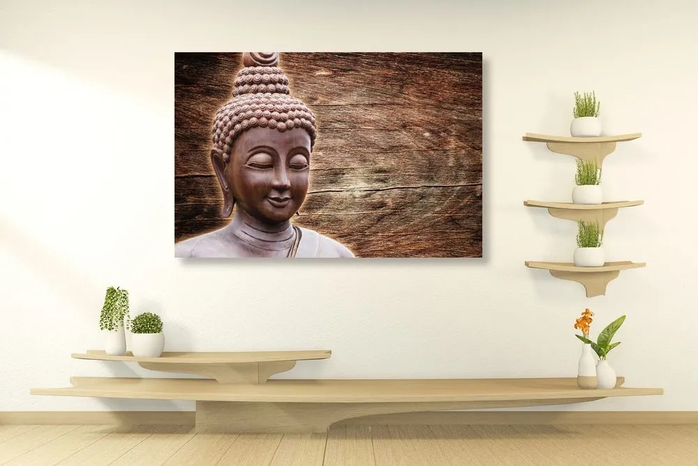 Stampa su tela – Statua del Buddha su sfondo di legno