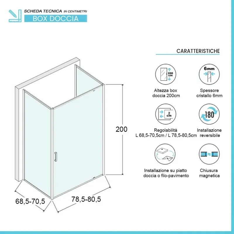 Box doccia 70x80x70 cm con porta a battente trasparente H 200 cm Ted