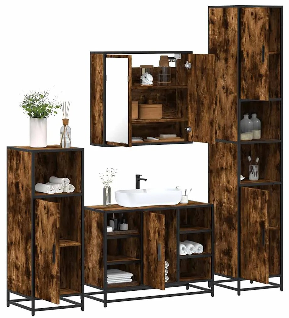 Set Mobili Da Bagno 4 Pz Rovere Fumo İn Legno Multistrato /